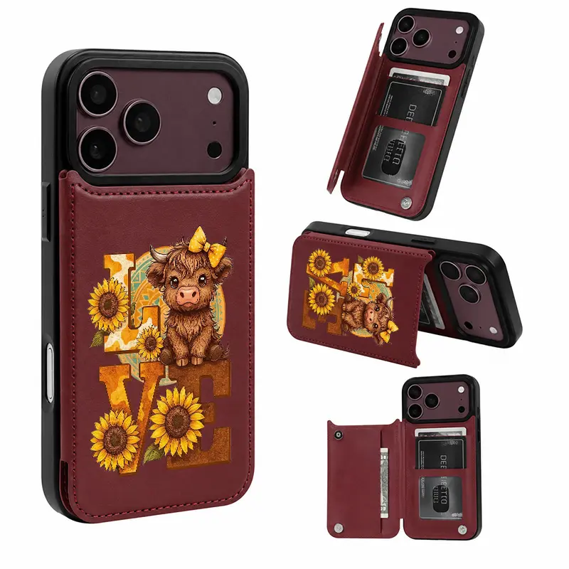 Love & Highlandcow Pattern Leather Card Holder Phone Case, Suitable for iPhone 18 Pro Max 17 Air 16 15Plus 14 13 12 Galaxy S25Ultra S24FE S23 S22 Phone Case, Leather Phone Case with Card Holder, Protective Cover, Shockproof Drop.JY122