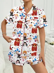 Women's Labyrinth Printed Pajama Set, Two-Piece Button-Up Top & Shorts, Casual Homewear, Comfortable Short Sleeve Sleepwear, Loungewear