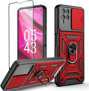Phone Case for T-Mobile REVVL 6X Pro 5G Case, REVVL 6X Pro 5G Case with Stand Kickstand Ring and Camera Cover with Tempered Glass Screen Protector, Military Grade Shockproof Protective Cover (TC-Red)