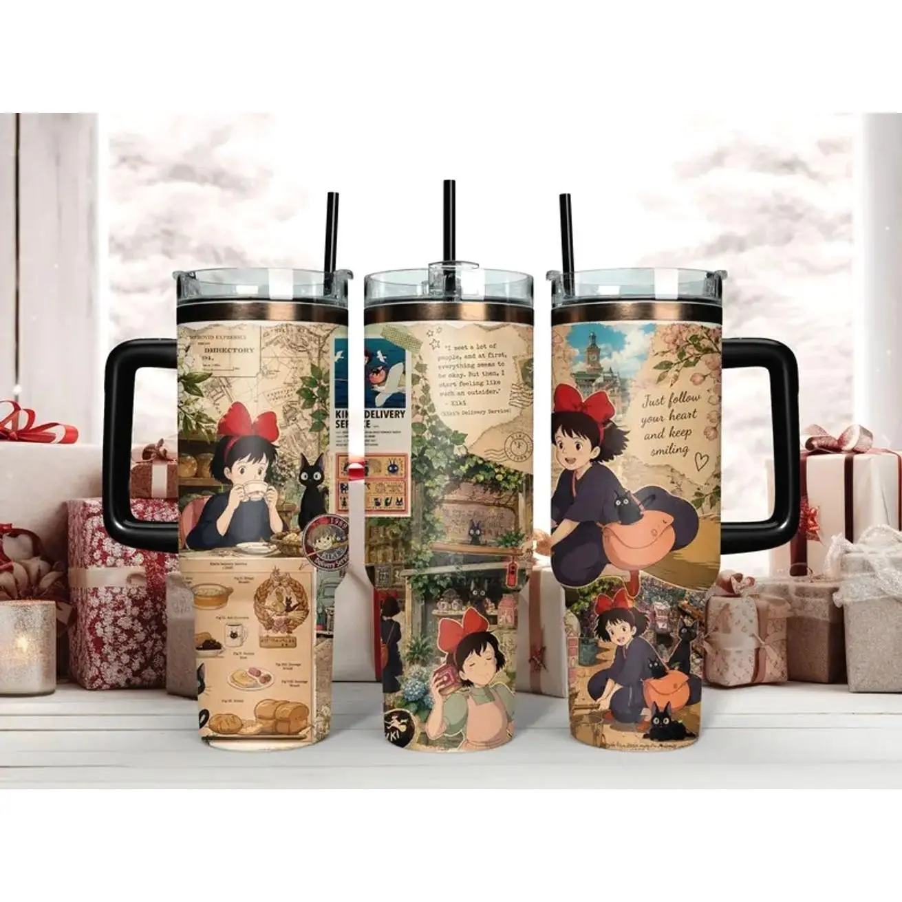 Studio Ghibli Kiki's Delivery Service 20oz/30oz/40oz Stainless Steel Tumbler – Double Wall Insulated Travel Mug Featuring Kiki & Jiji, Anime Fan Gift