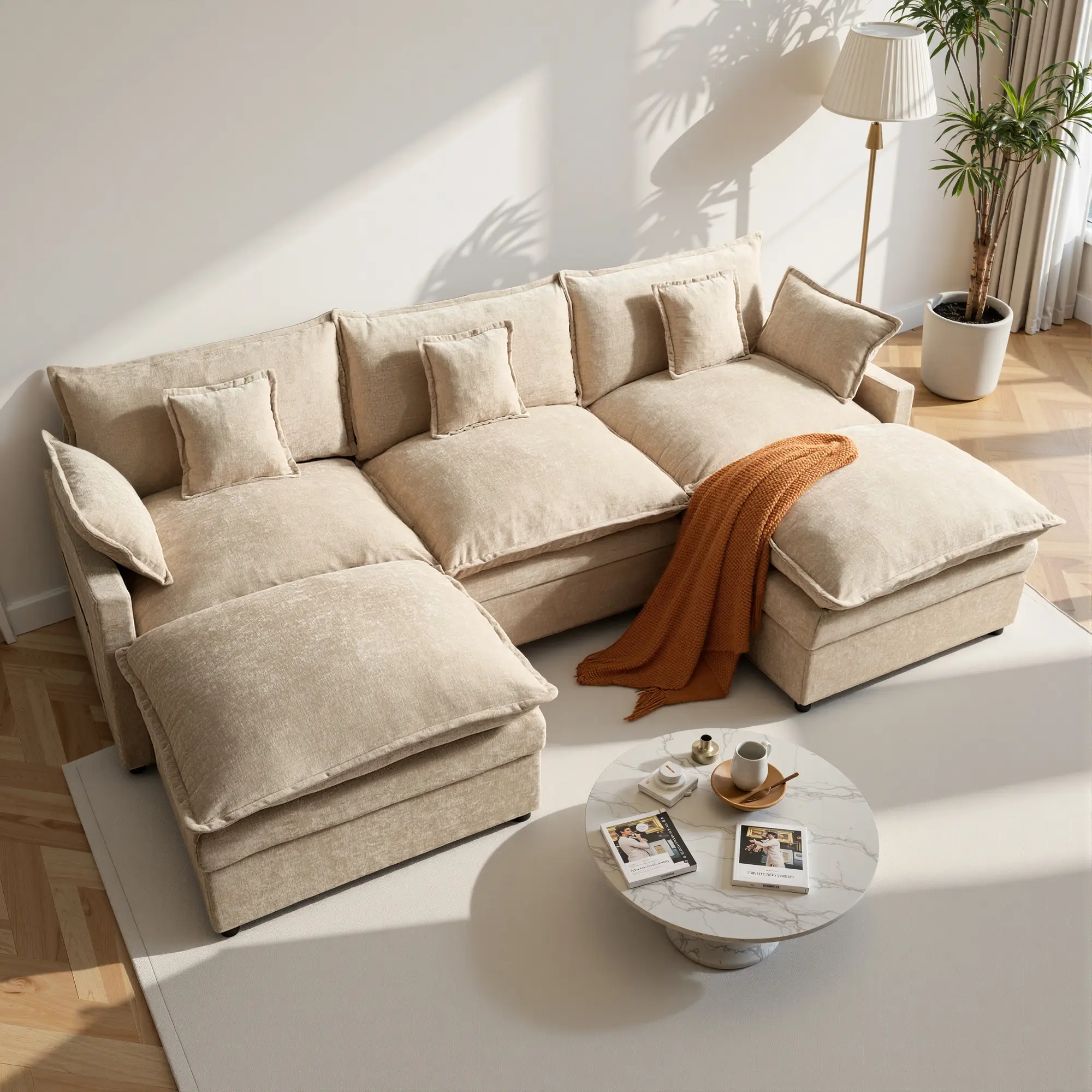 CAODOC 108” U-Shaped Modular Chenille Sectional Sofa - 3-Seater Cloud-Comfy Deep-Seat Couch with 2 Movable Ottomans, Flexible Free Combination Layout, Guest Sleeper for Living Room
