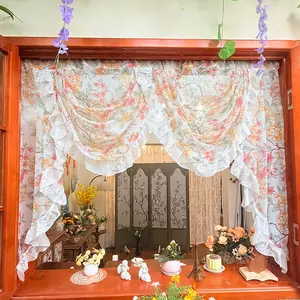 French Vintage Floral Lace Ruffle Half Curtain, Romantic Sheer Arch Small Curtain, Kitchen Dining Coffee Curtain Decor, Window Curtain, Home Decoration Curtain, 1pc
