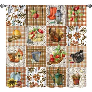Patchwork Plaid Curtains Retro Country Farmhouse Chicken Art Printed Window Treatment for Bedroom Living Room Kitchen Decor Fabric 2 Panel W21xL45in 30% Blackout
