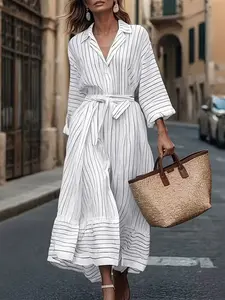 VONDA Women's Striped Long Sleeve Shirt Dress with Belt, Casual Fashionable Dress, Casual Everyday Office Wear, Simple Design, Perfect for Commuting
