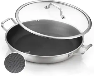 Paella Pan 14 Inch Tri-Ply Stainless Steel Paella Pan with Lid Nonstick Frying Pan, Hybird Induction Large Skillets, for Paella Parties Indoors Outdoors,Heavy Duty Style