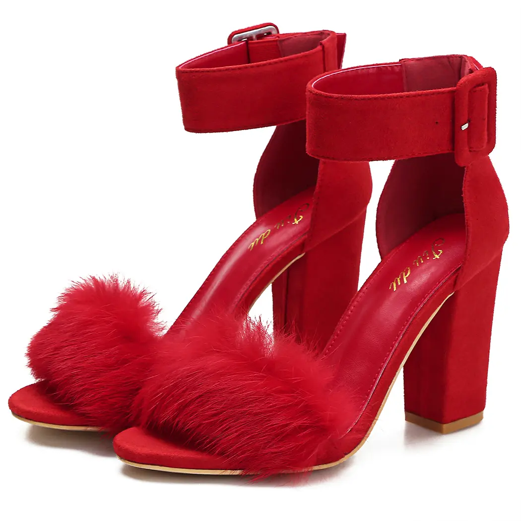 Faux Fur Fluffy Feather Open Toe Ankle Women Chunky Heel High Heel Sandals Straps Fashion Wedding Party Sexy Dress High Heels