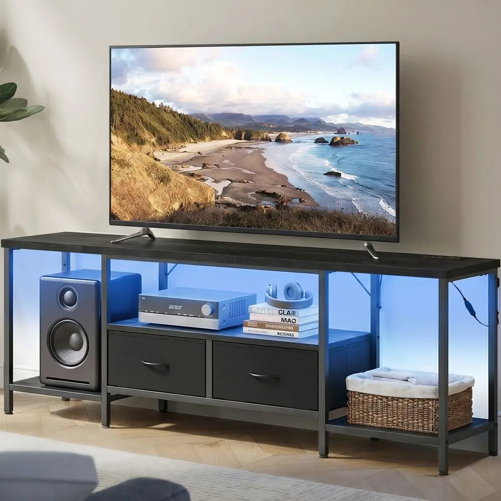 SONGMICS BELLAH Collection - TV Stand with Power Outlets and Lights, Entertainment Center Media Console for TVs Up to 70 Inches, Living Room, Shelves, Drawers, Modern