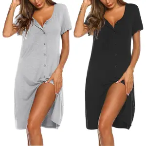 2 Pack Nightgowns for Women Button Down Night Shirts Short Sleeve Sleep Shirts V Neck Sleepwear Pajama Dress