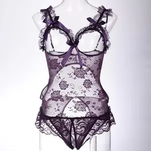 backless Women's tight-fitting jumpsuit with sheer mesh see-through, seductive underwear and shorts, and a sexy lace pajama design with a neckline Black Lace Bodysuit Set  night  wins lingerie look e home wear（Free jewelry）