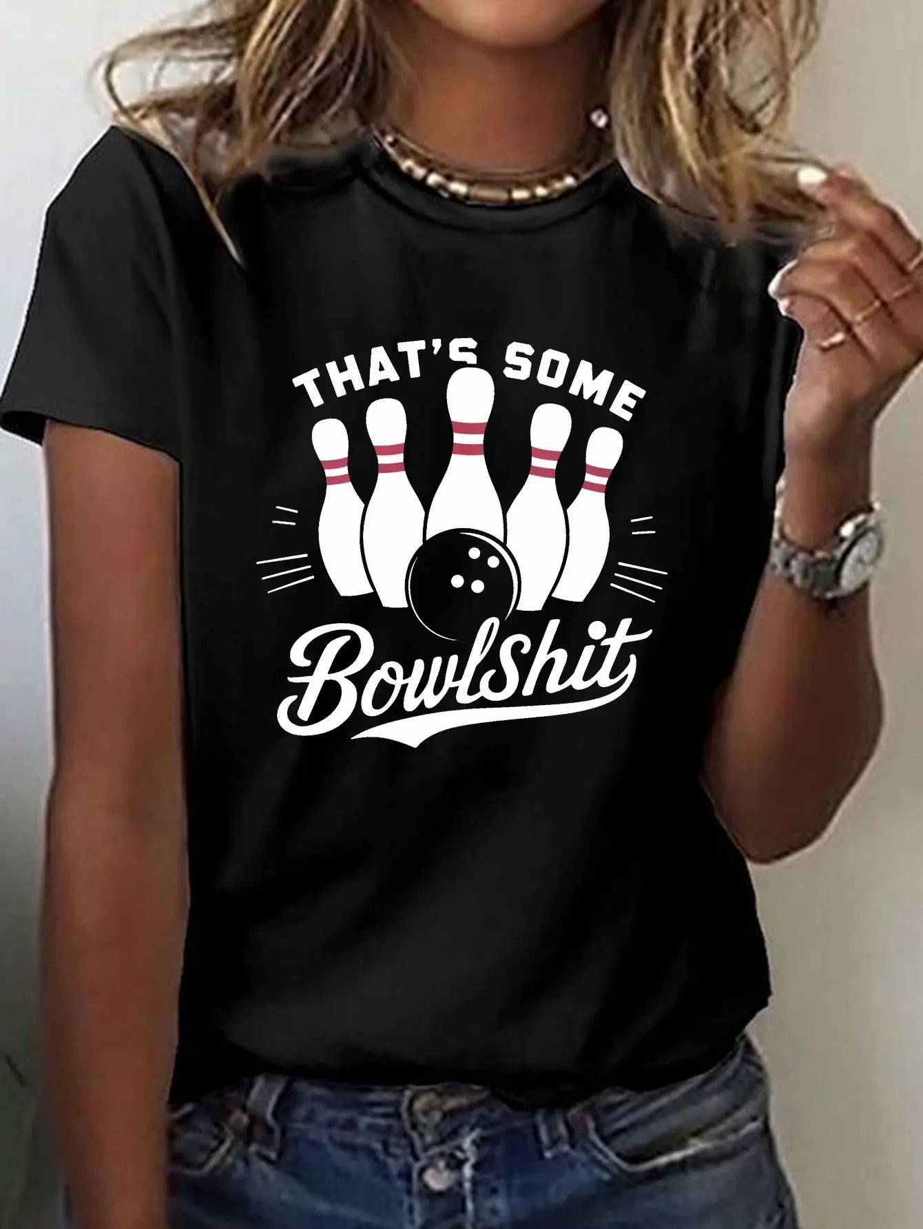 Women's Funny Bowling "That's Some Bowlshit" Print T-Shirt - Bowling & Strike Casual Crew Neck Short Sleeve Top Suitable for Summer & Spring, Bowling Parties & Casual Attire - Humorous Gift for Bowlers