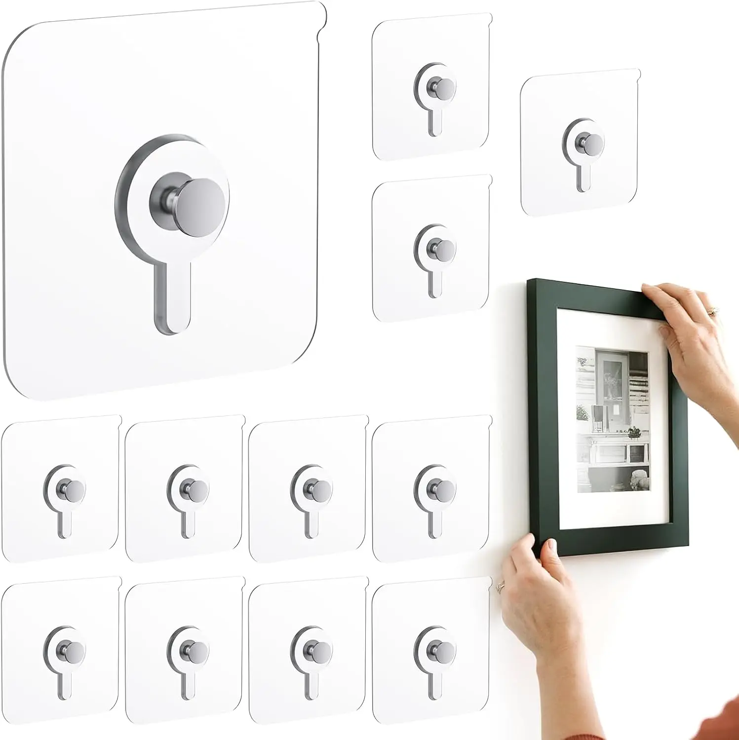 12 Pcs Picture Hangers without Nails, 20 Ibs Load Heavy Duty Self Picture Hanging Hooks for Hanging, Waterproof Adhesive Picture Hooks for Bathroom Kitchen, Transparent Sticky Hooks for Frames
