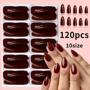 120Pcs Press on Nails Almond Shape Nails, Red Medium Almond Fake Nails, Glossy Burgundy Reusable Artificial Nail Kit for Women Girls Kids, Nail Art Design
