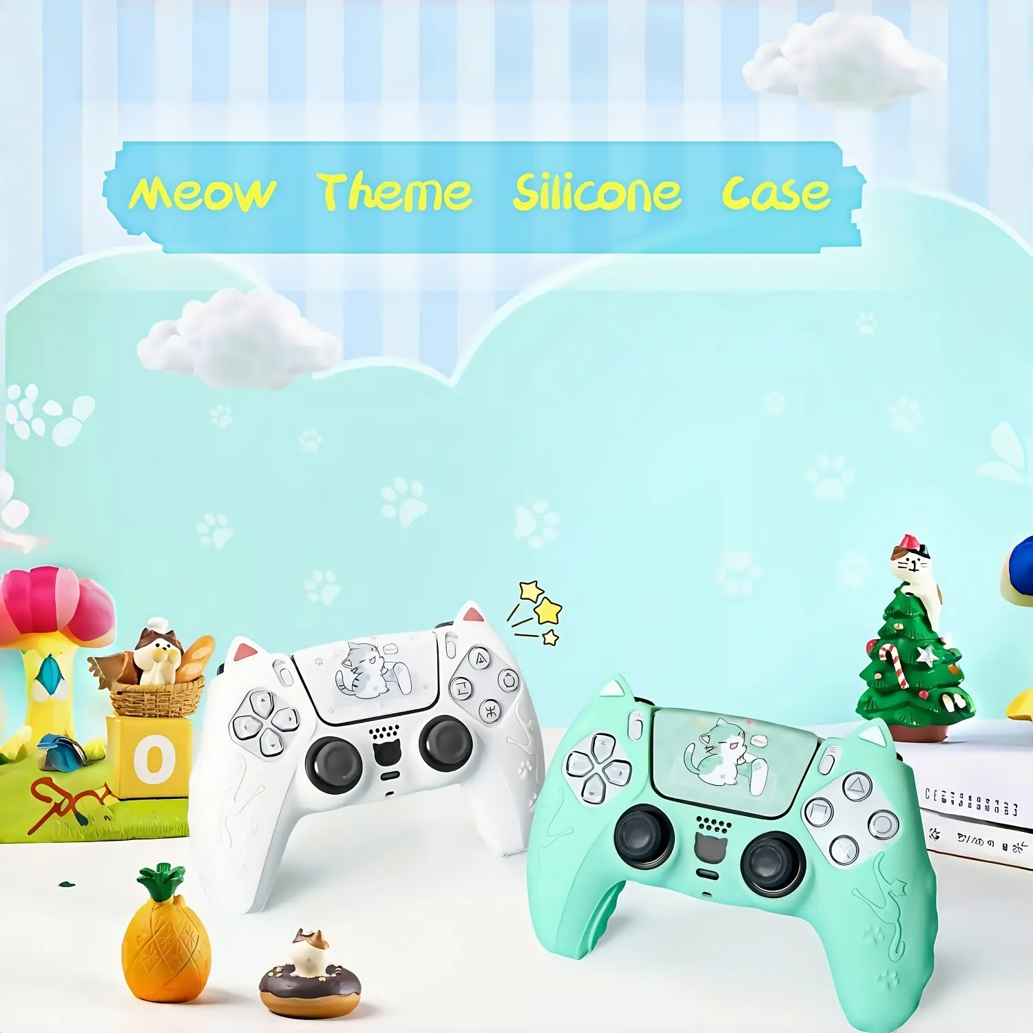 Comfortable Protective Case Set, Non-Slip and Anti-Sweat, Cute Cat Themed Case for Sony PlayStation 5, PS5 Controller with Joystick Cover and Touchpad Sticker - Soft, Gaming Accessory |   Sweatproof Case