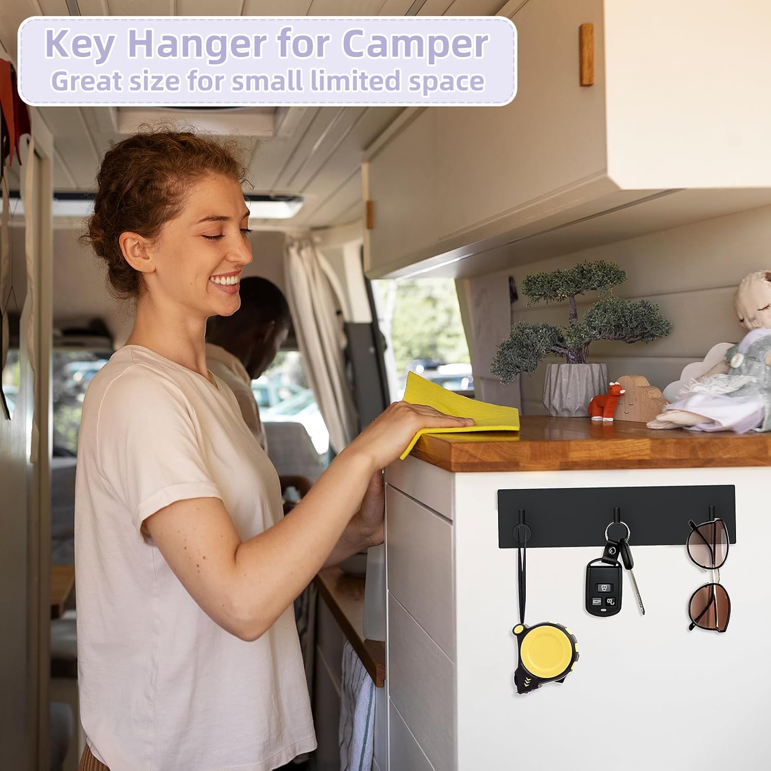 Key Holder Wall Mount, Small Metal Self Adhesive Key Hanger with 3 Hooks, No Drilling, Extra Adhesive Strip, Black