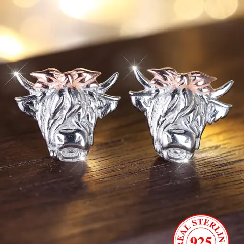 925 Sterling Silver Cute Bull Head Design Earrings, Unique Design Earrings, Punk Style Jewelry for Party, Daily Clothing Decor for Girl, Trendy All-match & Exquisite Jewelry for Gift