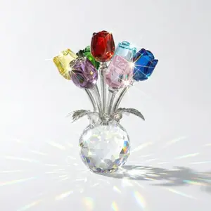 Handmade K9 Crystal Rose Flower Bouquet Figurine with Vase, Colorful Floral Home Table Decor Ornament, Perfect Valentine's Day Wedding Anniversary Gift for Women Wife Girlfriend