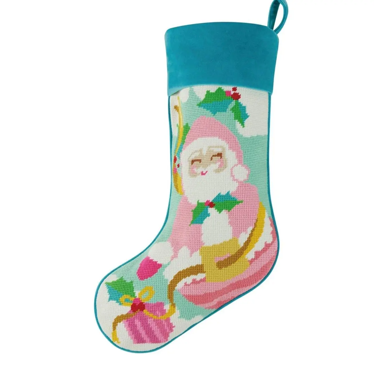212 MAIN Yarn-Embroidered Needlepoint Christmas Stocking - 11x18 in Papa Noel Design, 100% Poly Yarn, Poly Velvet, Machine-Washable, Needlepoint Ornaments, Festive Holiday Home Decoration