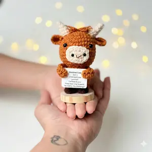 Positive Crochet Highland Cow Knitted Emotional Support Mini Cow Gift for Women Men Friends Coworkers Handcrafted with Love Premium Cotton Yarn Unique Decor