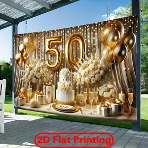 1pc 50th Anniversary 2D Flat Polyester Material Celebration Banner - Golden & White Backdrop with Balloons, Flowers, Sparkling Lights - Versatile Home, Garden Ornament