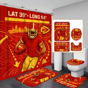 1/3/4PCS Football Player Shower Curtain set, Sports Theme Bathroom Decor, Accessories with Bath Mat, U-shaped Mat, Toilet Lid Cover, 12 Hooks 180x180cm Curtain, Tailgate Party, Home Decor, bathroom accessories.