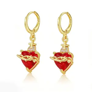 LisiZen Romantic Red Heart Cross Earrings Sweet Rose Crown Cupid's Arrow Heart Stud Earrings Fashion Jewelry Accessories DZEH5463