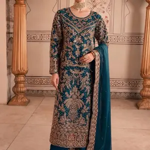 Hassens Official Regal Teal Embroidered Pakistani Formal Suit with Matching Bag for Weddings & Festive Celebrations Outfit Traditional