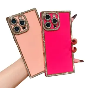 Square Sparkling Diamond iP16 Pro Max Phone Case 15P/14P/13/12 Women's Personalized with Lens Film Fashion Phone Cover Protective Anti-drop Shockproof Protection Smartphone Cellphone Casing Screen Protector