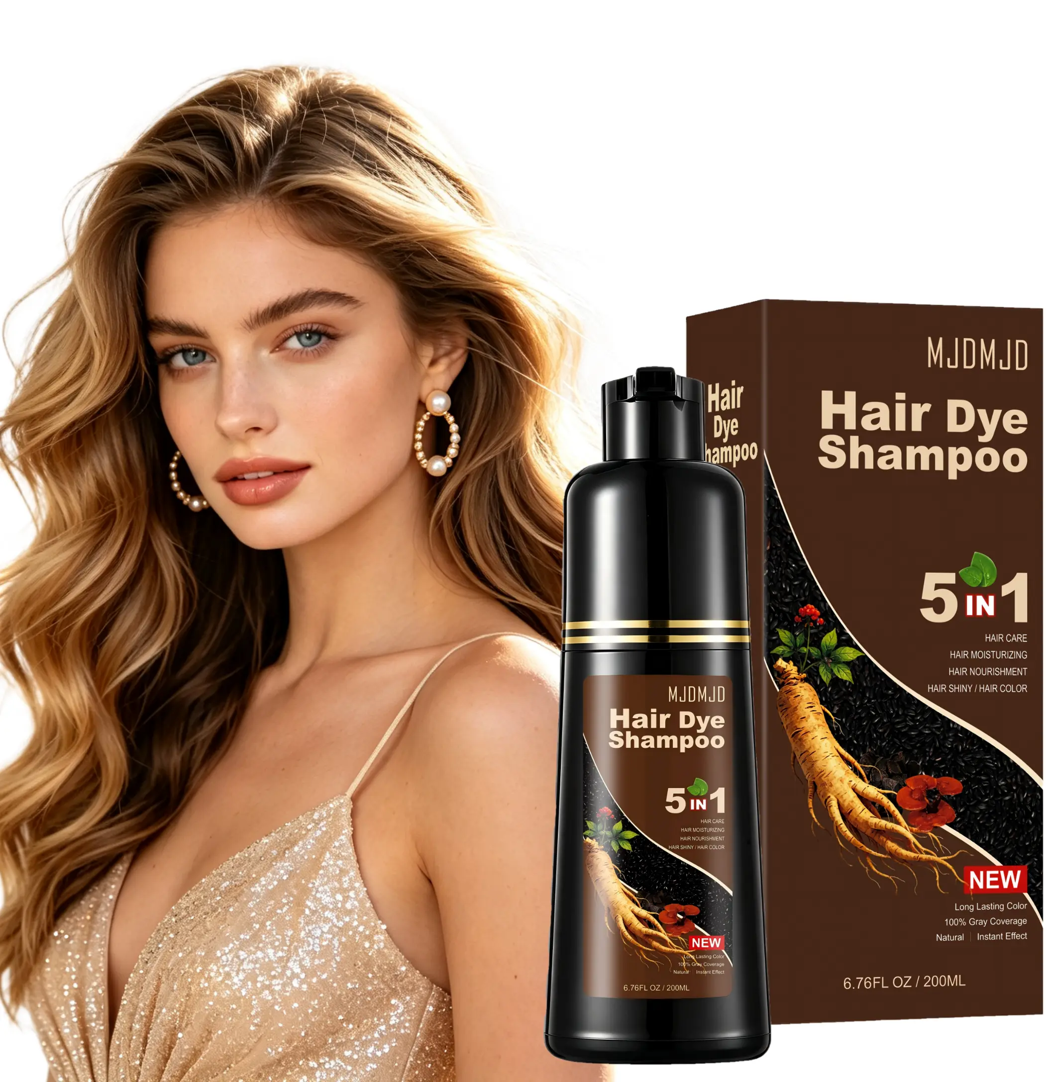 Blonde Brown 5 in 1 Hair Dye Shampoo,Instant Gray Coverage with Natural Ginseng Extract, Long-Lasting Color & Scalp Nourishment, Easy At-Home Application, Ideal Hair Dye Gift for Men & Women
