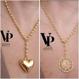 Valmaur Products Luxury Gold Necklace  Heart & Celestial Sun Moon  Elegant Rosary Style