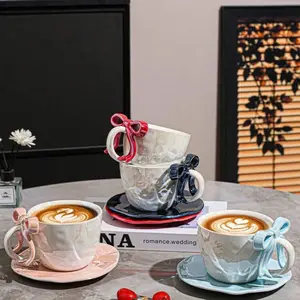 Elegant Pearl Glazed Coffee Cup Set with Saucer, Bowknot Design Ceramic Mug, Smooth Easy Clean, Creative Dessert Plate, Perfect Gift