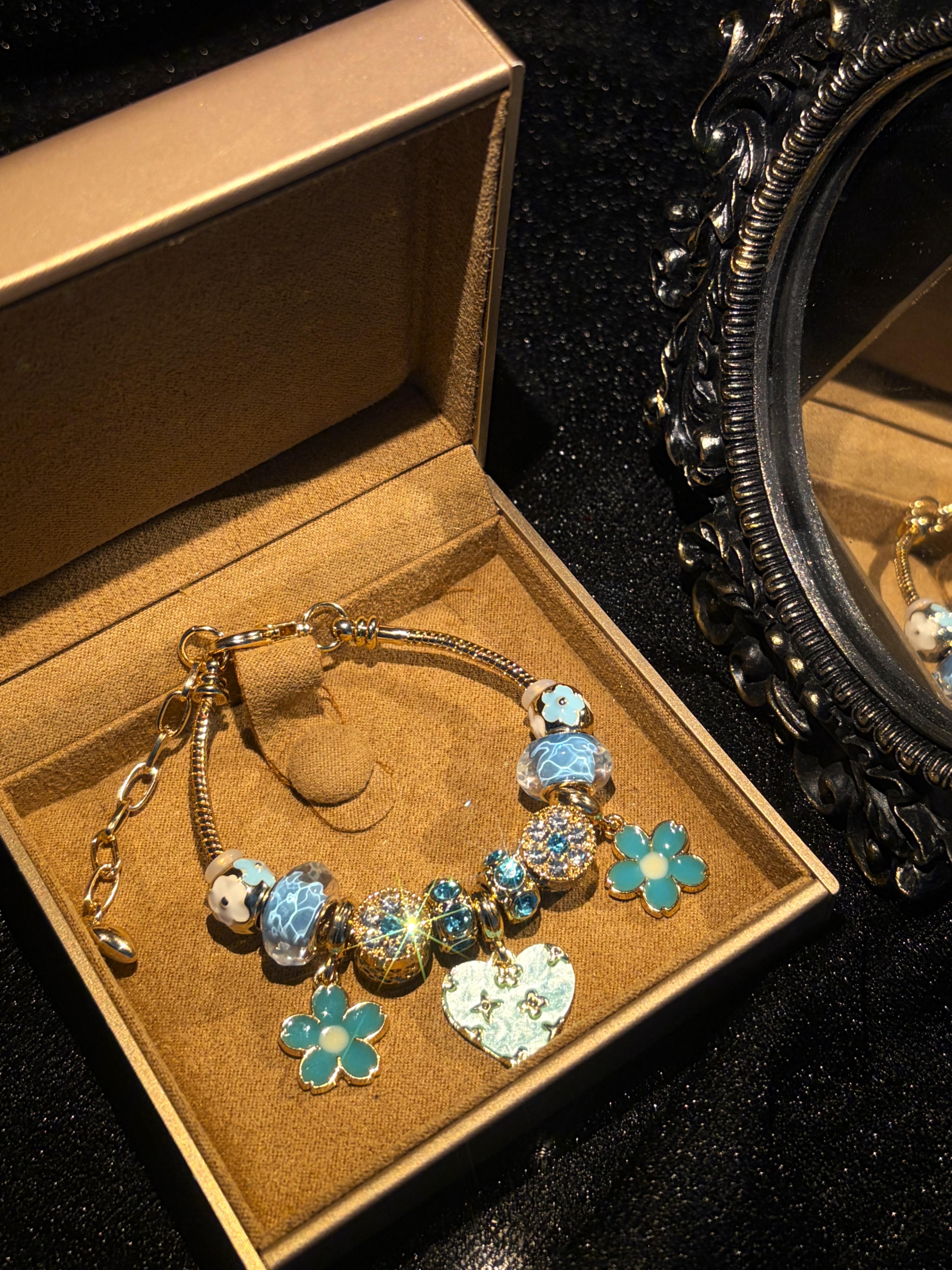 Womens Blue Heart Flower Charm Bracelet, Sparkling Rhinestone Beaded Snake Chain Bracelet, Elegant Dangle Charm Jewelry Gift for Women Teen Girls Womens Blue Heart Flower Charm Bracelet, Sparkling Rhinestone Beaded Snake Chain Bracelet, Elegant Dangle Charm Jewelry Gift for Women Teen Girls
