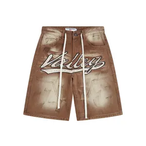 Unisex Vintage Washed Distressed Print Full Rhinestone Bling Harajuku Letter Embroidery Baggy Jorts, European American Hip Hop Y2K Streetwear Loose Knee-Length Casual Sparkly Jeans Shorts, All Seasons Sports & Outdoor Clothing