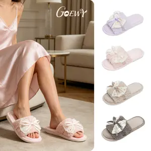 GOEWY Women's Open Toe Memory Foam Slippers - Cute Fuzzy House Shoes with Lace Bow Soft Plush Slides for Indoor Comfort Cozy Non-Slip Gift for Women Mom Ladies - Footwear, Girl