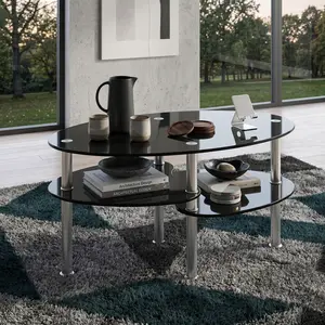 Oval Tempered Glass Coffee Table, Black Metal Frame Side Table with Double Storage Shelves, Smooth Round Edge Stable Accent Table, Easy Assembly Modern Minimalist Home Center Table for Living Room Indoor Household Decor