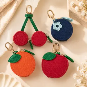Fruit Shaped Mini Coin Purse Keychain Set, Cute Apple Cherry Orange Blueberry Bag Charms with Zipper, Faux Leather Purse Accessories for Women