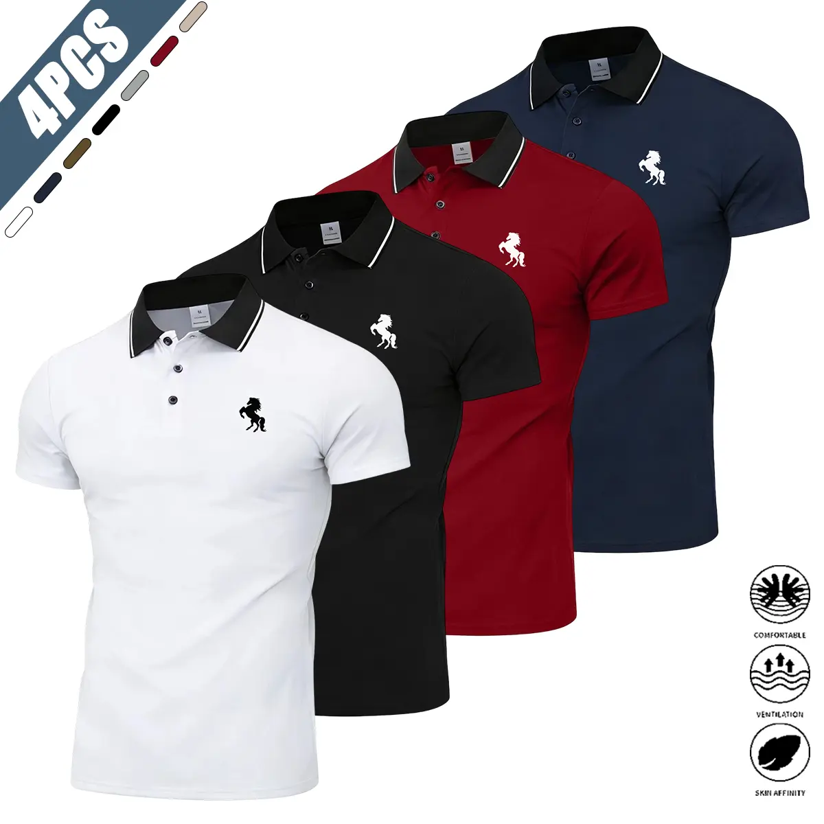 Men's 4-Piece Plain Solid Short Sleeve Polo Shirt Set, Polyester Fabric Tops - Suitable for Casual Wear, Sports Activities, Business Occasions