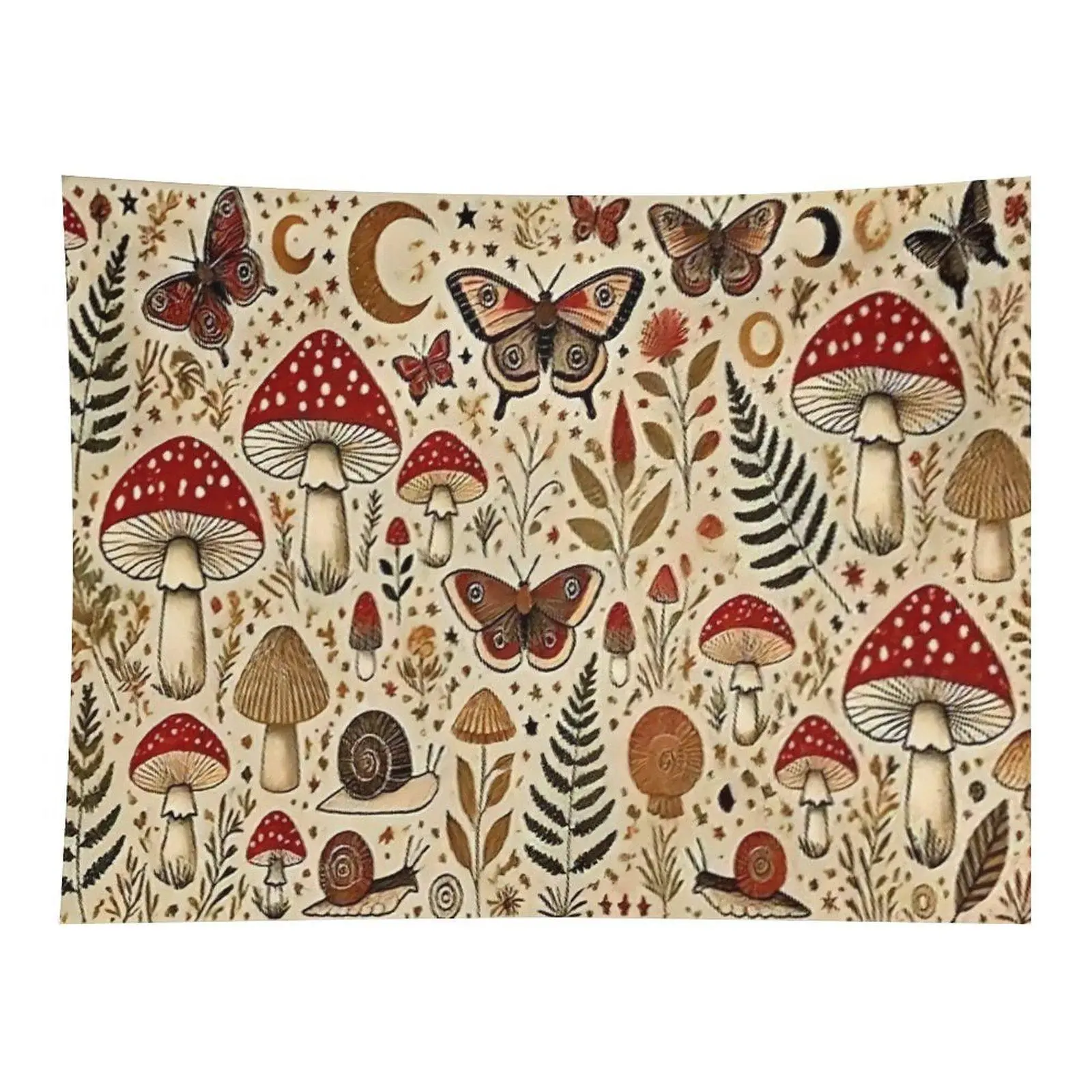 Vintage Mushroom Butterfly Tapestry Cottagecore Botanical Wall Hanging, Forest Floral Snail Tapestry for Bedroom Decor