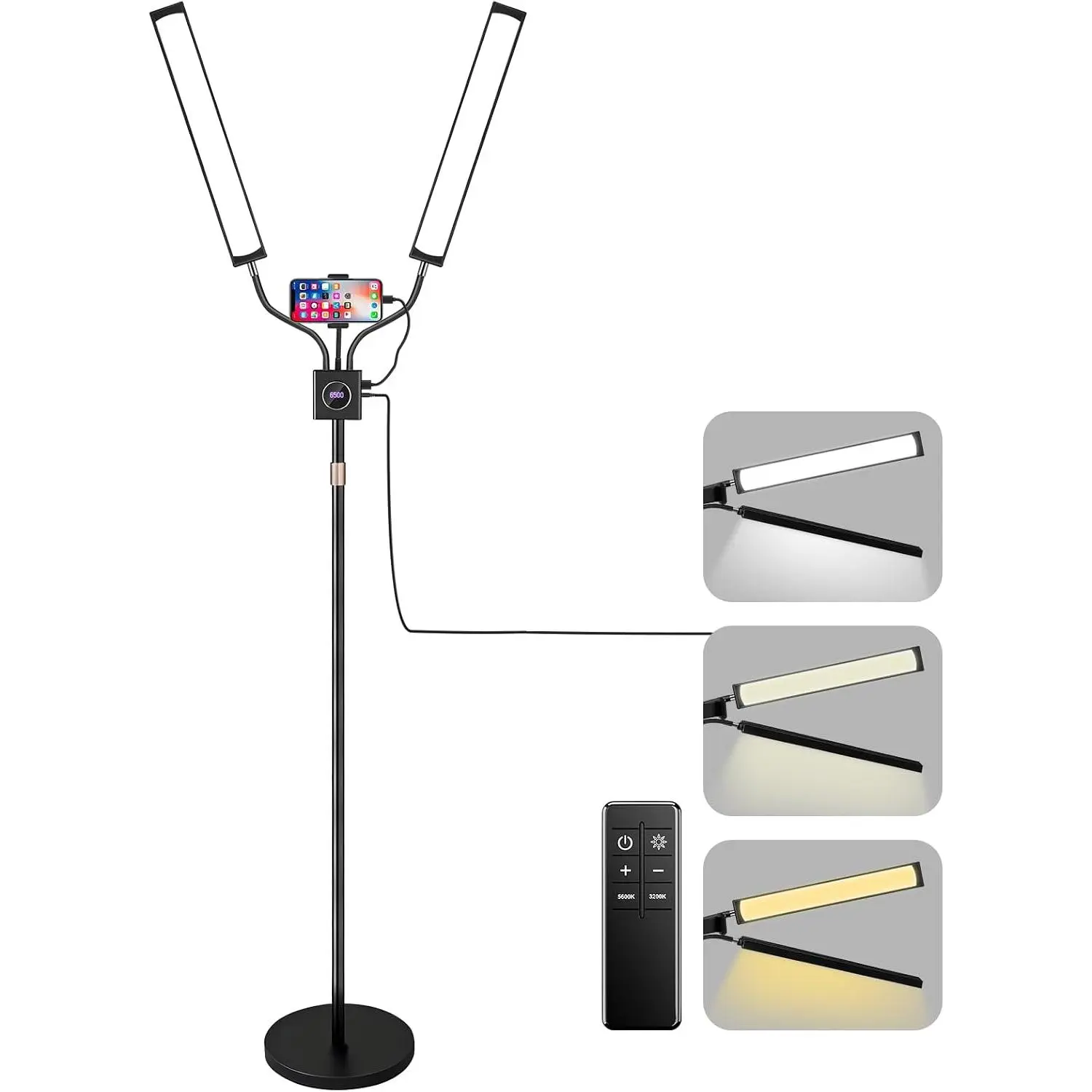 Zensun Dual Arms Lash Light, Dimmable 3 Color Tattoo Ring Light with Phone Holder, 30W Professional LED Esthetician Floor Lamp for Selfie Makeup Video Photography Live Streaming(Black)