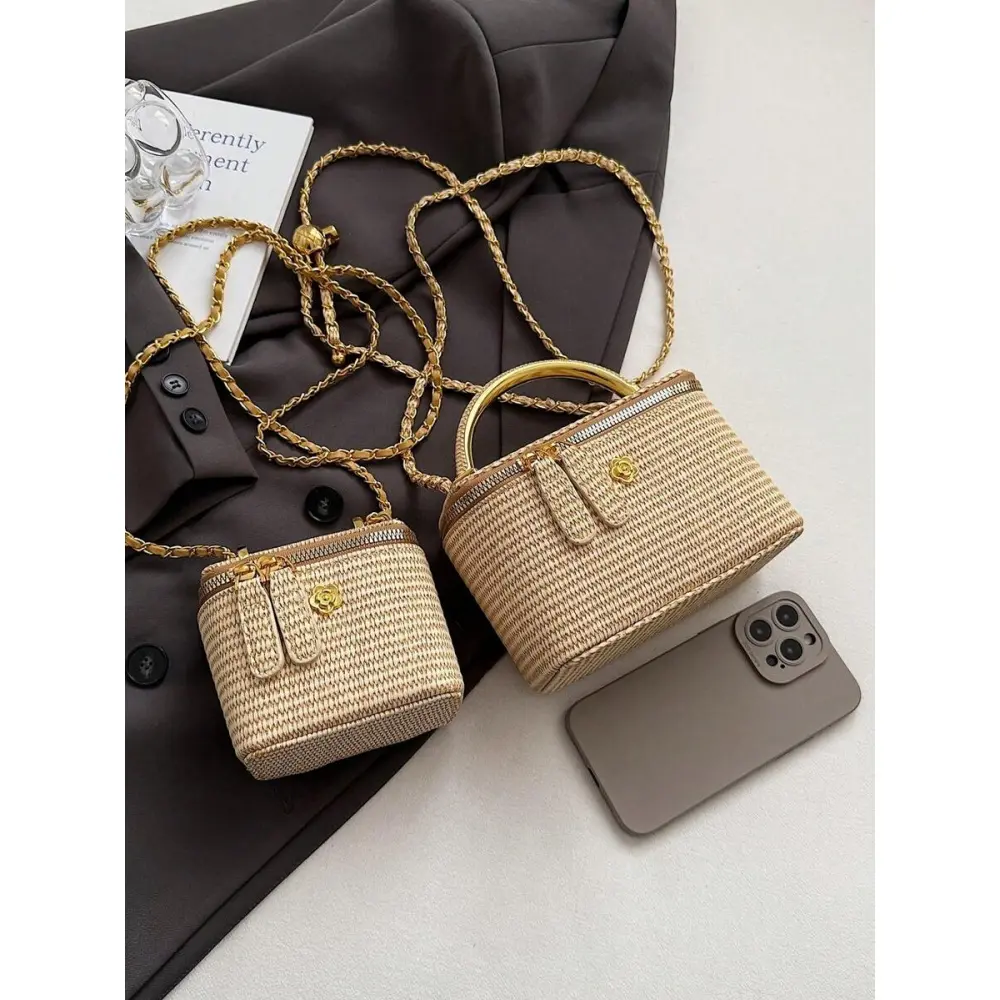Women's 2-Piece Structured Woven Box Bag Set, Khaki Vanity Handbags with Top Handle, Detachable Gold Chain Strap & Zip Fastener, All Match Handbag, Bags And Accessories, Fashionable Bags