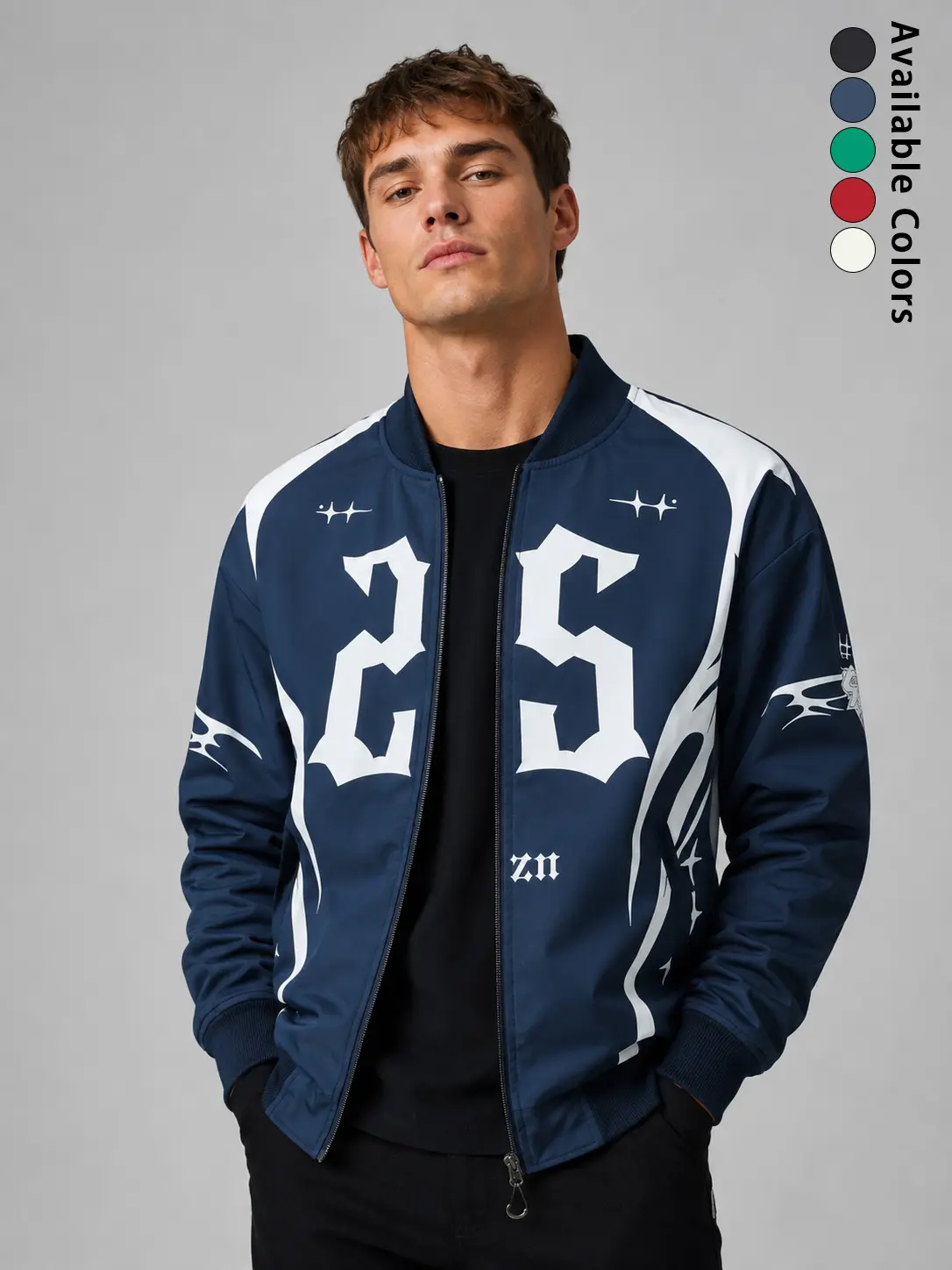 Men’s vintage gothic font flame-pattern baseball jacket with full zipper and elastic hem, everyday streetwear hip-hop style