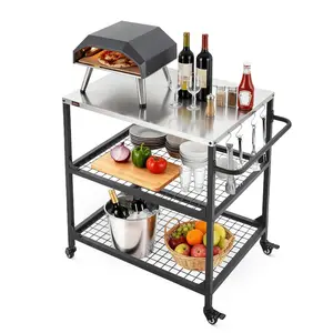 VEVOR Outdoor Grill Cart, 31.5x 24.0 inch Stainless Steel Tabletop Size Grilling Table, Outdoor Cooking Table with 4 Wheels Side Handle, Two Mesh Shelves, BBQ Prep Tables for Patio, Garden