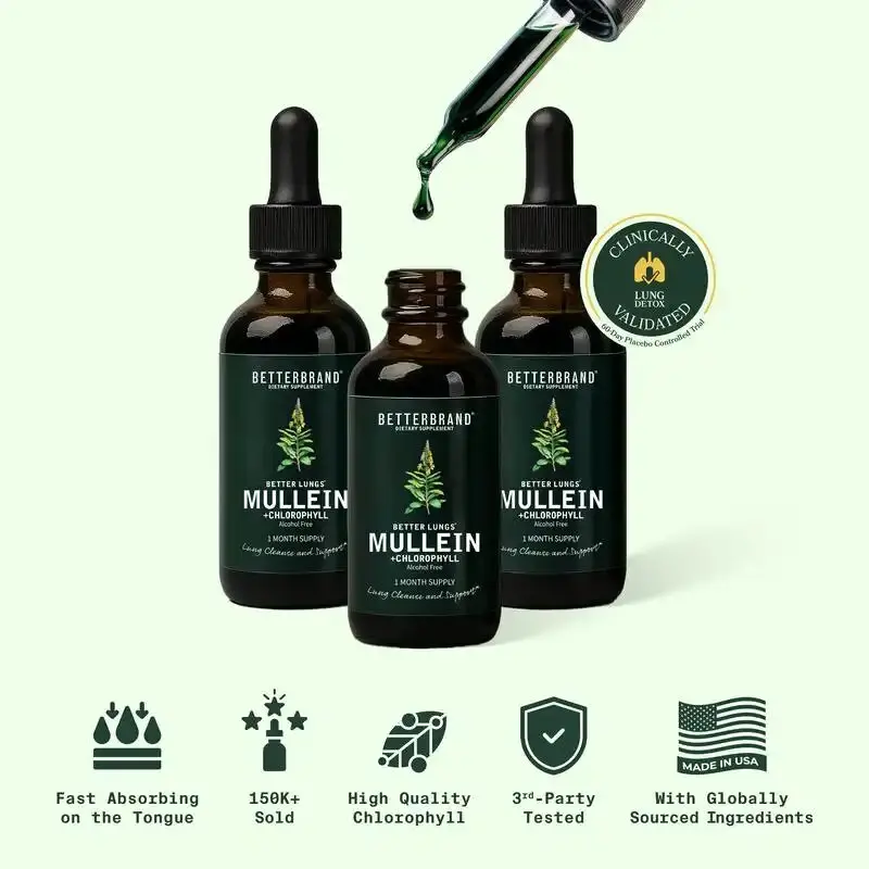 Betterbrand Mullein Leaf & Chlorophyll Drops for Lung Detox & Mucus Cleanse - 30 Servings - Clinically Studied Natural Liquid Herbal Supplement