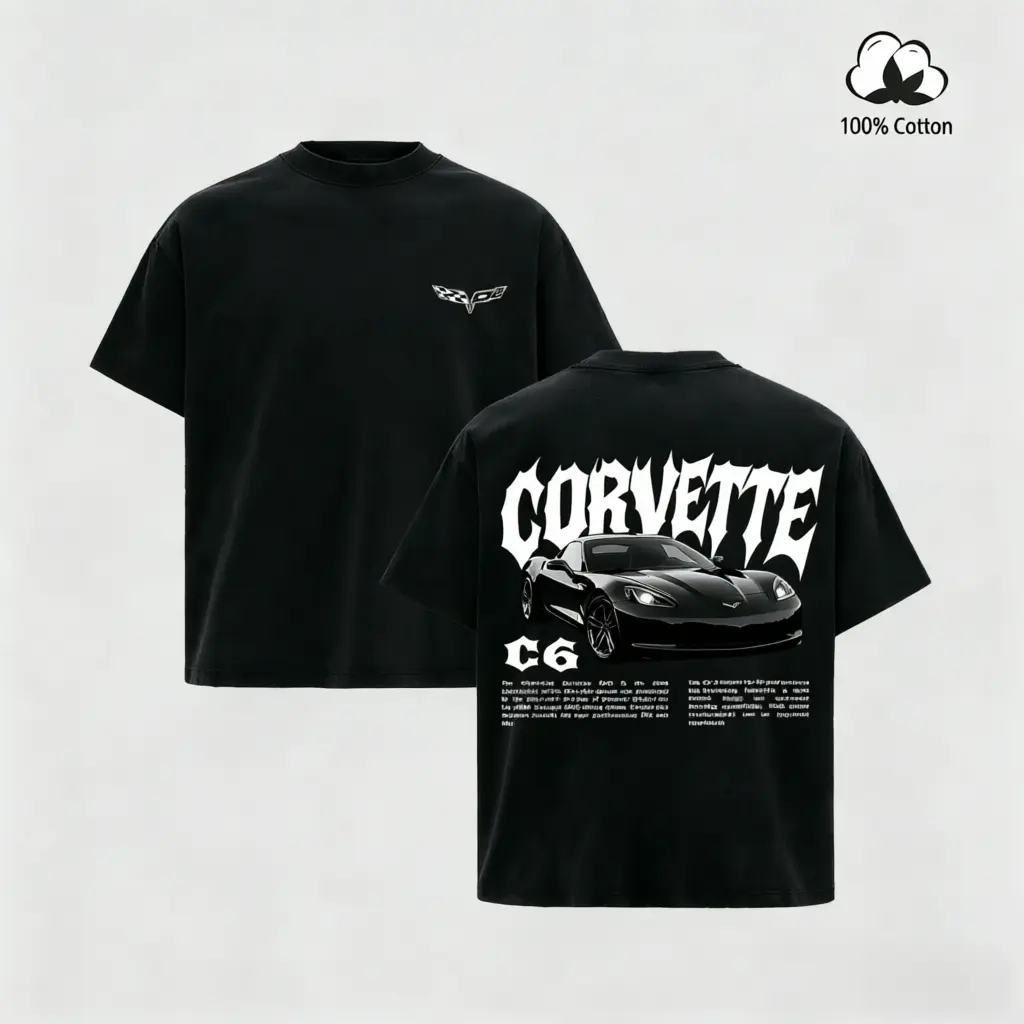 Men's Vintage Washed Corvette C6 Graphic T-Shirt - 100% Cotton Short-Sleeve Round Neck Streetwear, Retro Racing Car Merch, Casual Summer Top for Auto Fans, Trendy Unisex Menswear Black