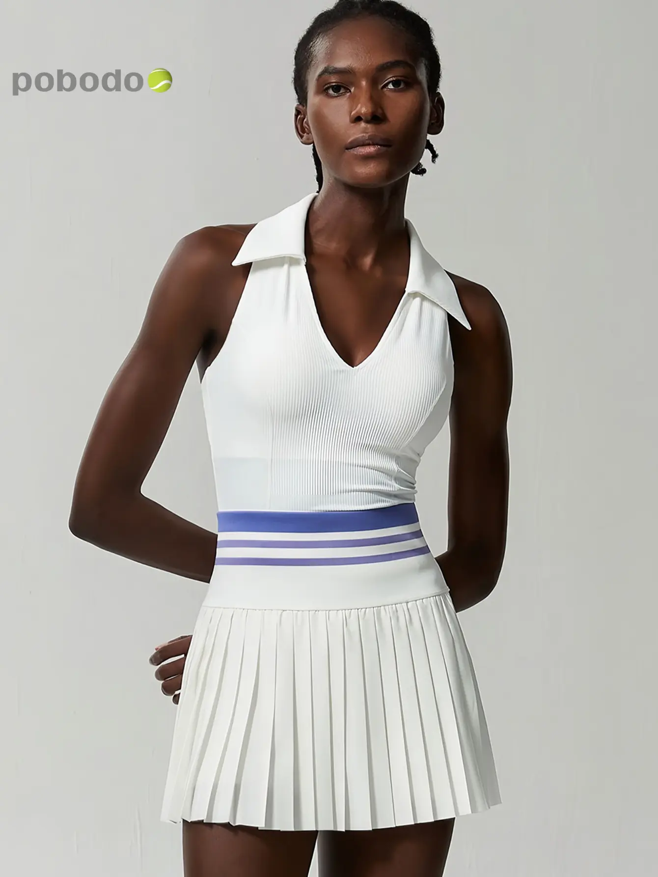 POBODO Women's 2-Piece Sleeveless Polo Set - Pleated Skirt with Built-in Shorts, Hidden Pocket - for Tennis, Golf Sports Outfits
