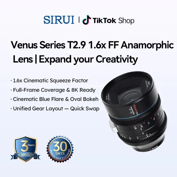 SIRUI Venus 35/50/75/100/135/150mm T2.9 1.6x Full-Frame Anamorphic Lens for E/L/RF/Z Mount Cameras, Black