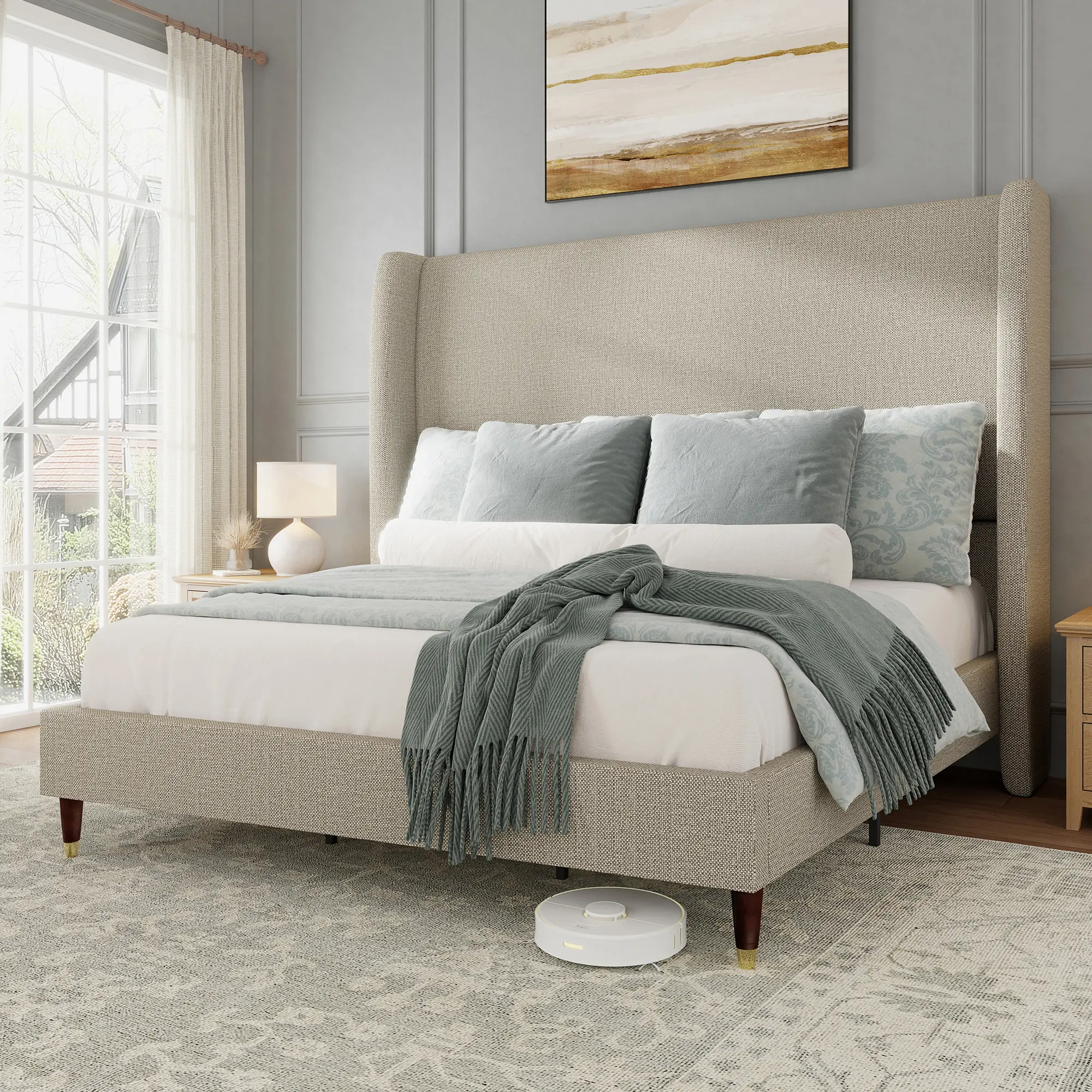 [SummerSale] AMERLIFE Platform Bed Frame with 51.2" Tall Headboard, Upholstered Bed with Wingback/Solid Wood Legs/Durability/No Box Spring Required/Luxury Bedroom Furniture Design /Full/Queen/King Size/Best Gift Ideas/Christmas Gifts