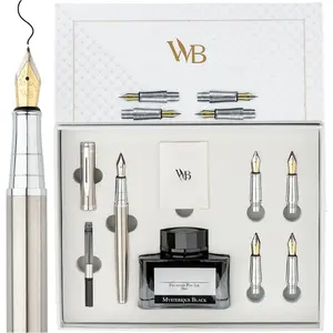 Fountain Pen  Set, Includes Ink Bottle, 6 Ink Cartridges  A Refill Converter, 4 Replacement Nibs,  Package, Journaling, Calligraphy, Smooth Writing Pens [ Chrome]