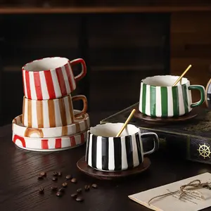Multi-Color Hand-Painted Striped Ceramic Mug, Minimalist Coffee Cup with Saucer, Practical Home & Office Drinkware, Coffee Cups Gift, Creative Gift for Friends & Family