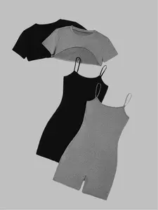 Sporty Irregular Short Round Neck Top + Tank Spaghetti Strap Casual Jumpsuit Four Piece Set, Stylish and Comfortable for Everyday Wear