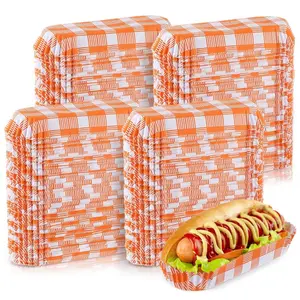 6 In Paper Hot Dog Trays-6 Inch Disposable Food Trays for Concession Stand Supplies, Rectangular Fluted Liners for Takeout Food (Plaid Style)